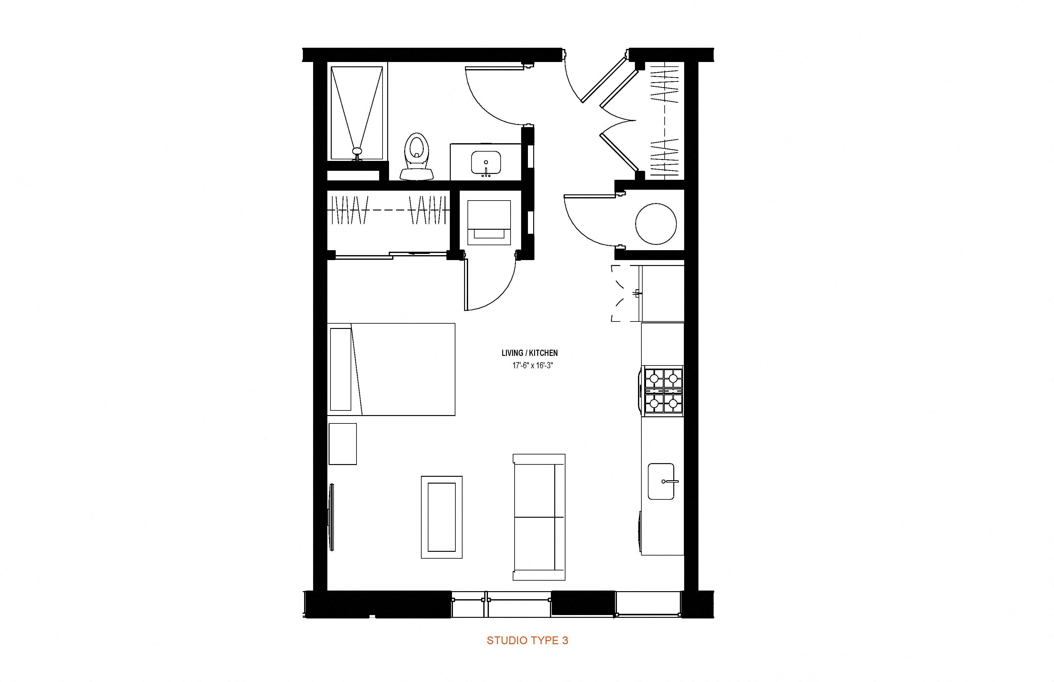 Floor plan for studio, 1 bath, 502 sqft